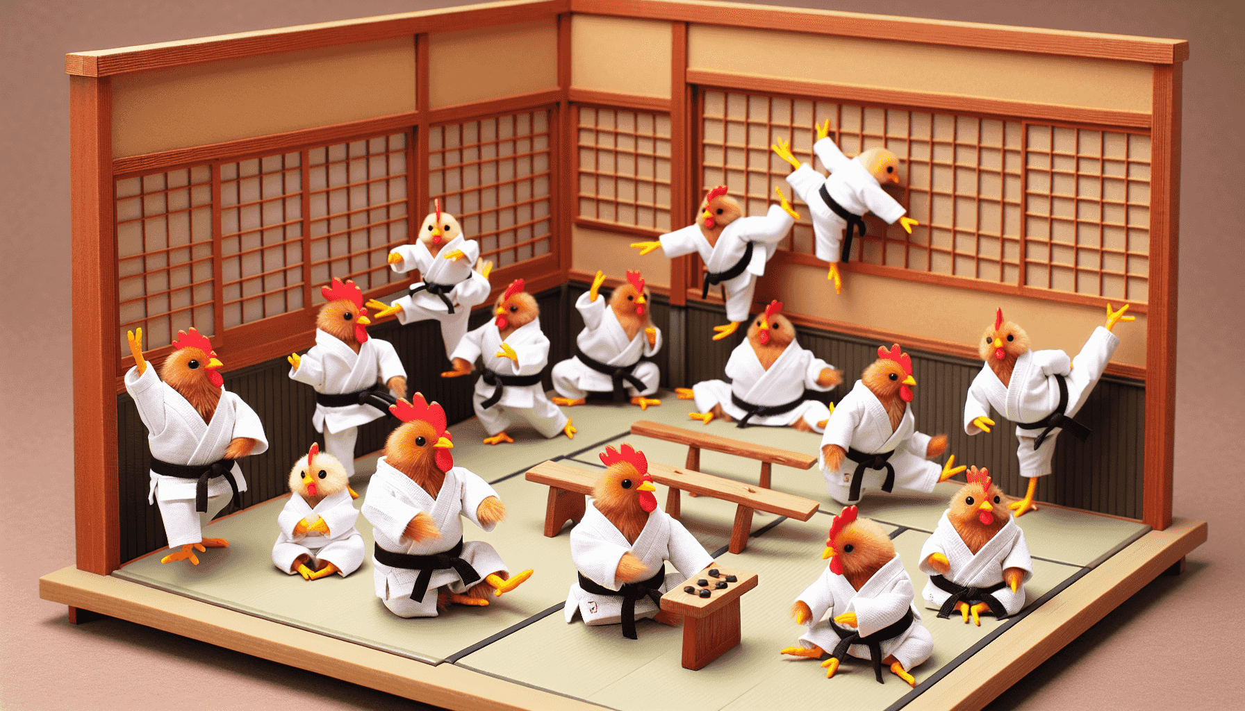 Chickens training in dojo