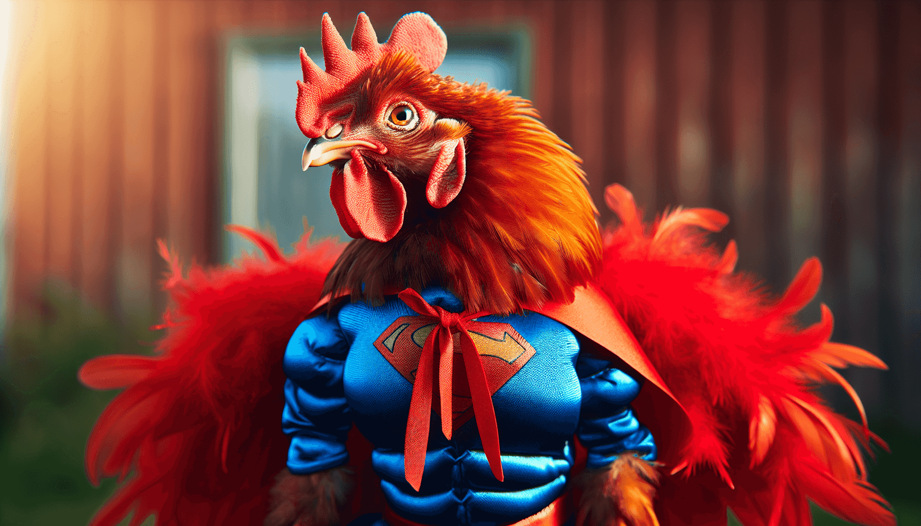 Chicken in superhero costume